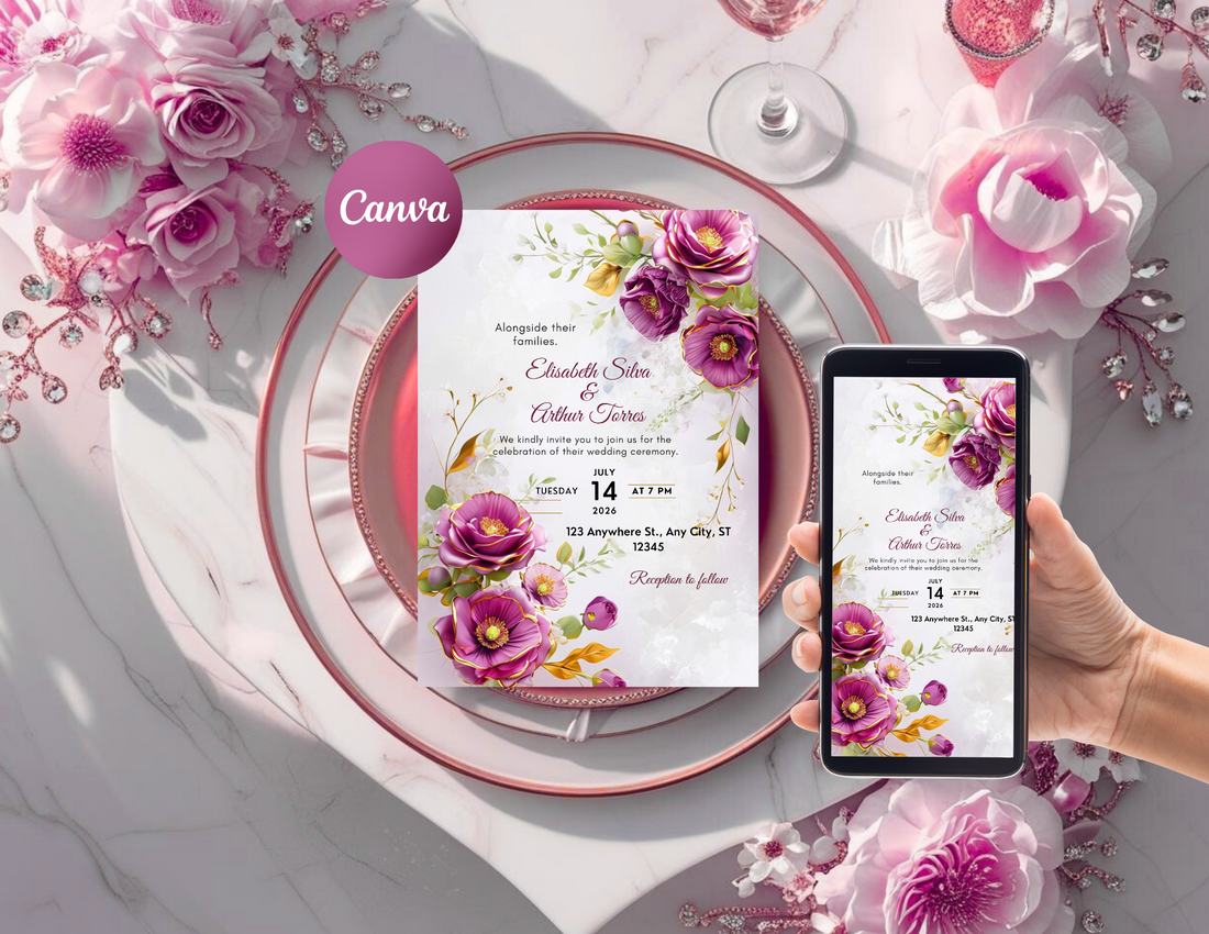 Pink Floral Wedding Invitation Template | Editable Canva Wedding Invite