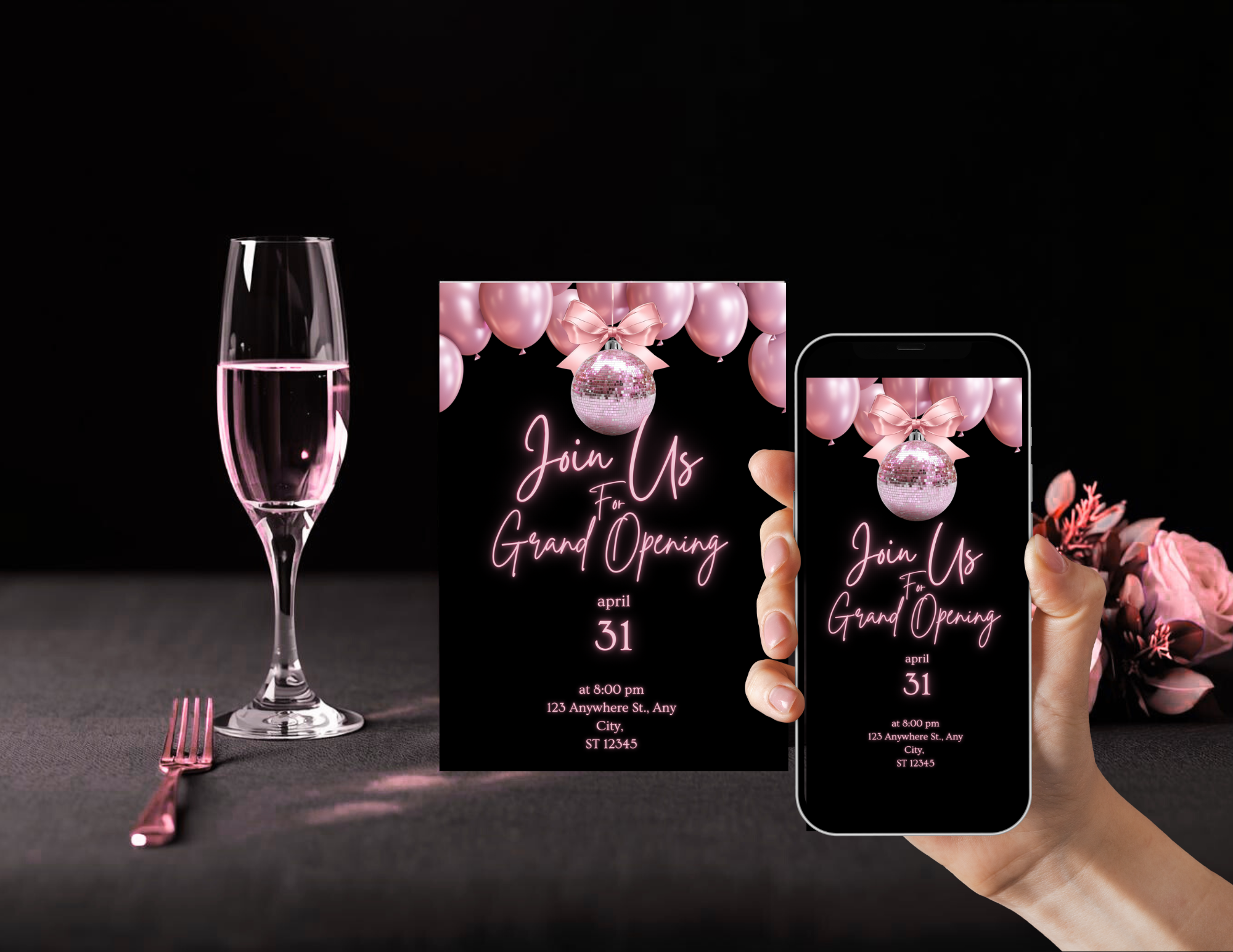 Rose Gold Grand Opening Invitation Template | Editable Canva Business Launch Invite | Evening Program Template | Printable 5x7 + Mobile + Animated