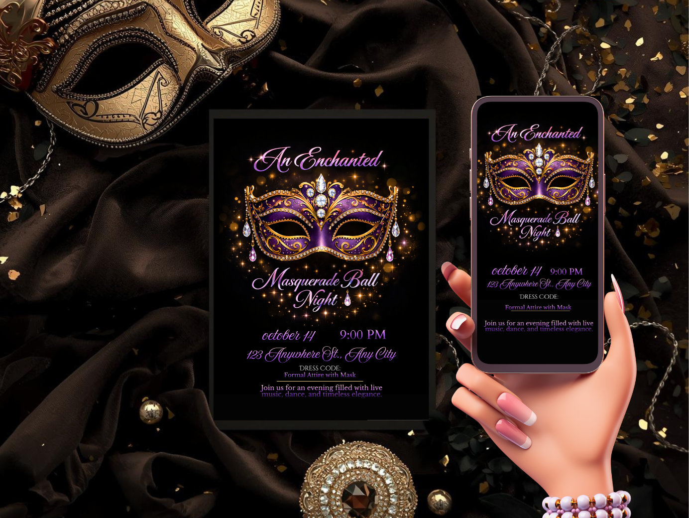 Masquerade Ball Invitation Template, Purple Gold Mask Party Invite, Editable Digital Invitation, Printable 5x7, Mobile & Animated Invite