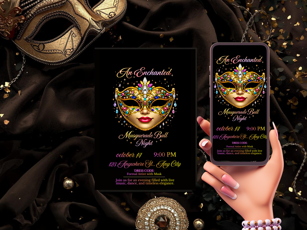 Masquerade Ball Invitation Template, Editable Canva Invitation, Digital Masquerade Party Invite, Mobile Animated Invitation