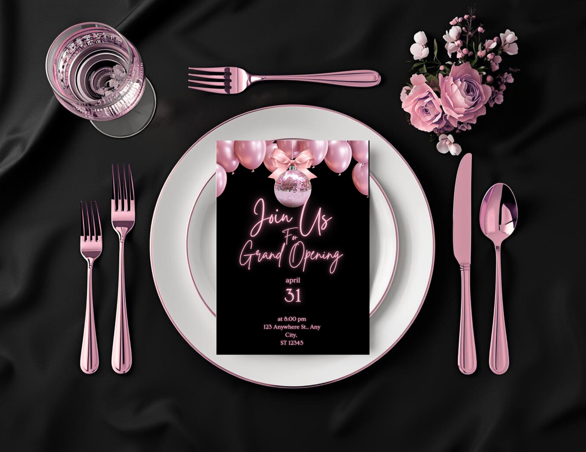 Rose Gold Grand Opening Invitation Template | Editable Canva Business Launch Invite | Evening Program Template | Printable 5x7 + Mobile + Animated