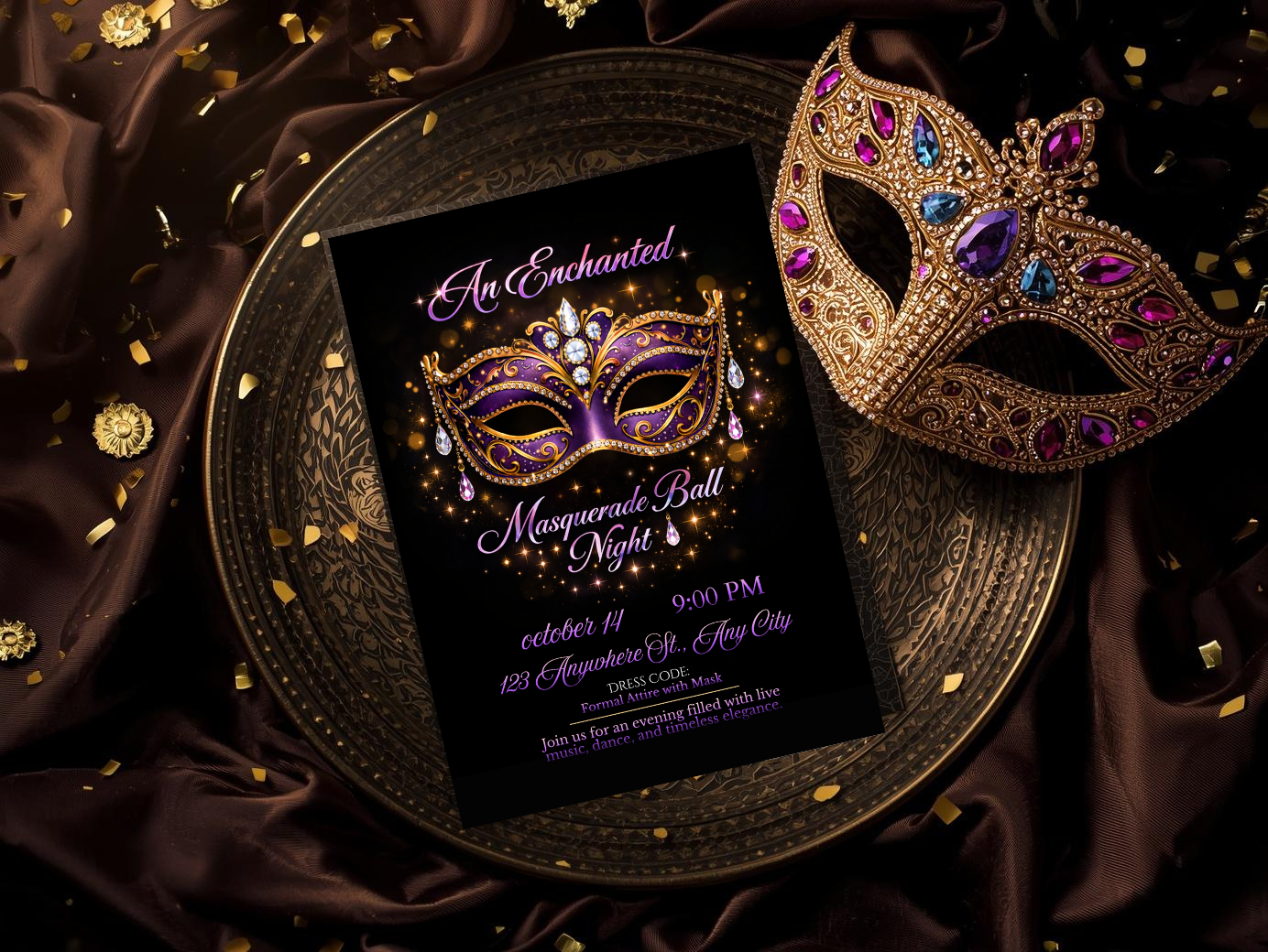 Masquerade Ball Invitation Template, Purple Gold Mask Party Invite, Editable Digital Invitation, Printable 5x7, Mobile & Animated Invite