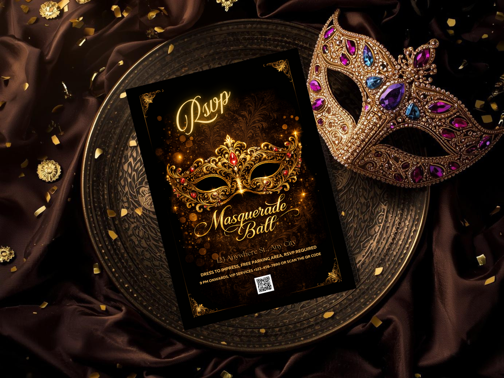 Luxury Masquerade Ball Invitation Template Editable in Canva , Black and Gold Printable & Mobile Party Invite