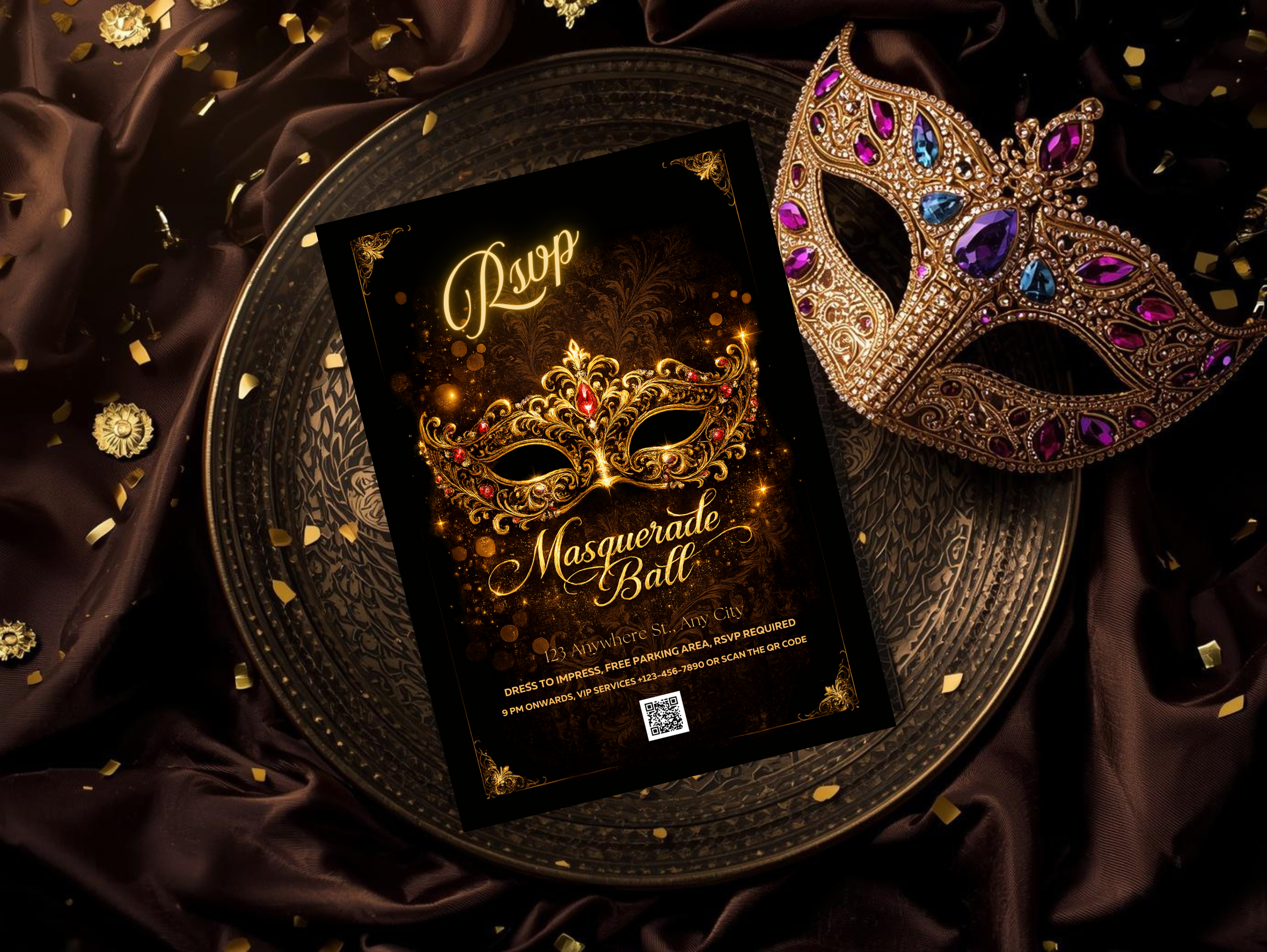 Luxury Masquerade Ball Invitation Template Editable in Canva , Black and Gold Printable & Mobile Party Invite