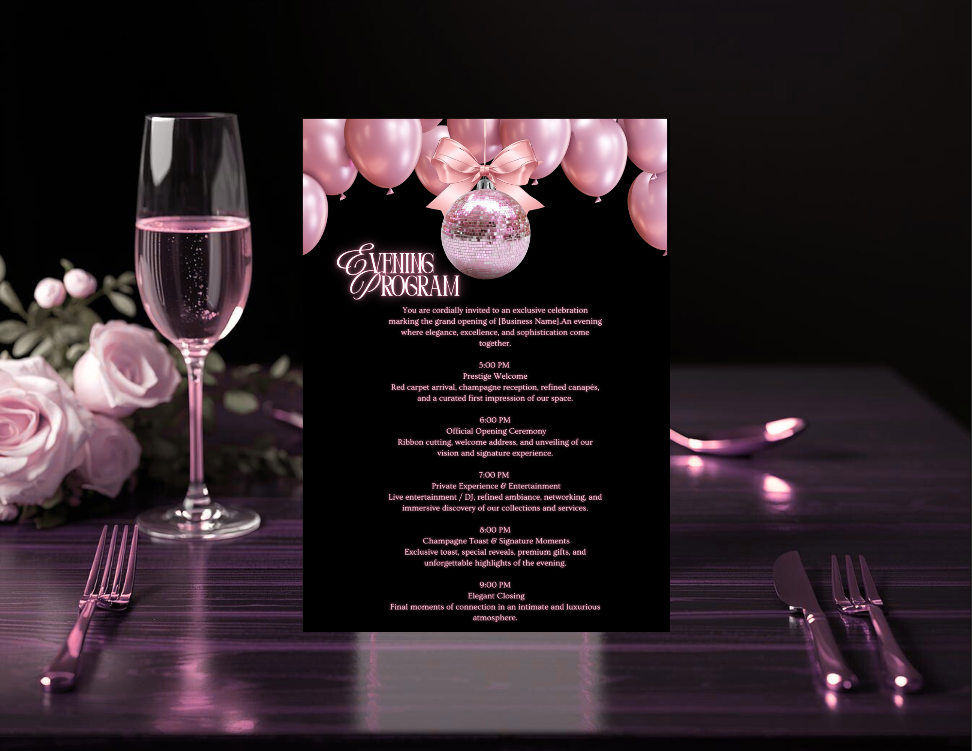 Rose Gold Grand Opening Invitation Template | Editable Canva Business Launch Invite | Evening Program Template | Printable 5x7 + Mobile + Animated