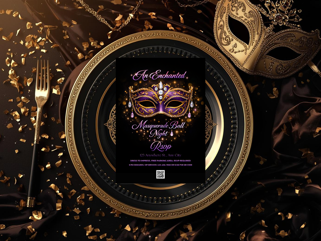Masquerade Ball Invitation Template, Purple Gold Mask Party Invite, Editable Digital Invitation, Printable 5x7, Mobile & Animated Invite