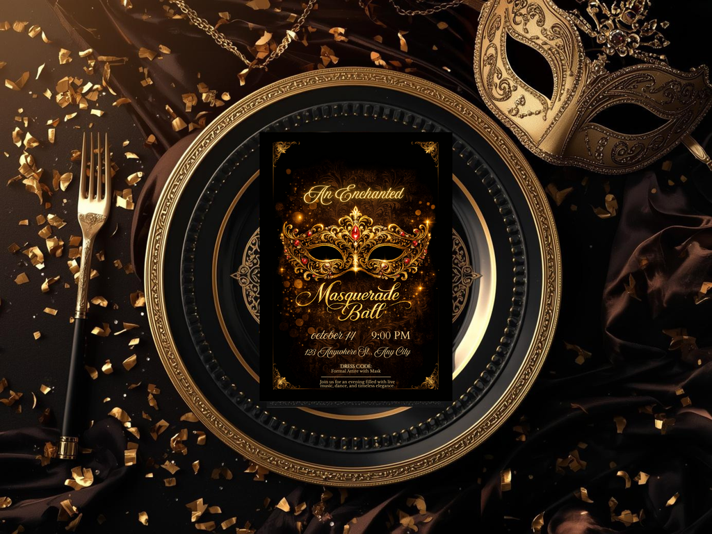 Luxury Masquerade Ball Invitation Template Editable in Canva , Black and Gold Printable & Mobile Party Invite