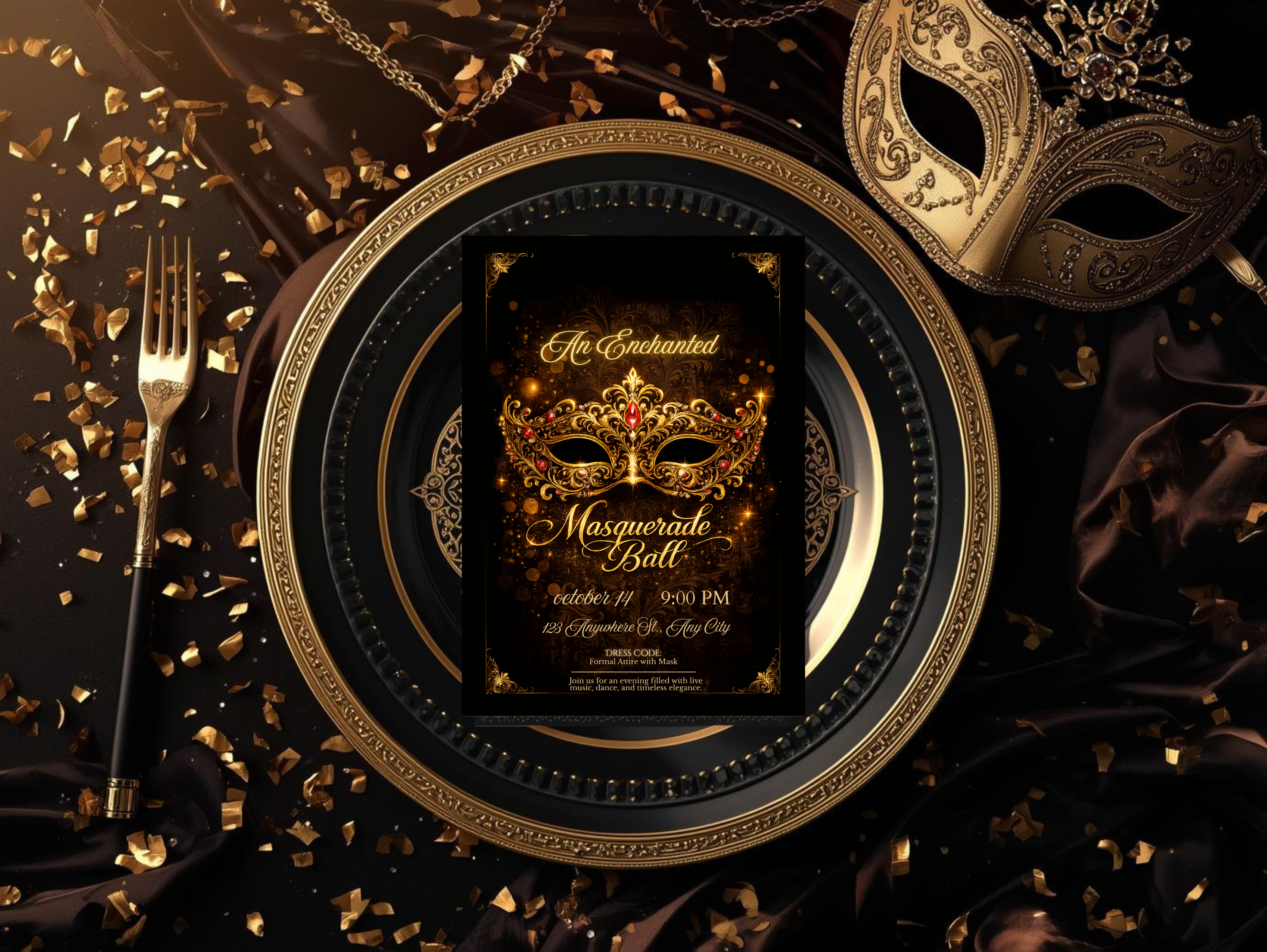 Luxury Masquerade Ball Invitation Template Editable in Canva , Black and Gold Printable & Mobile Party Invite