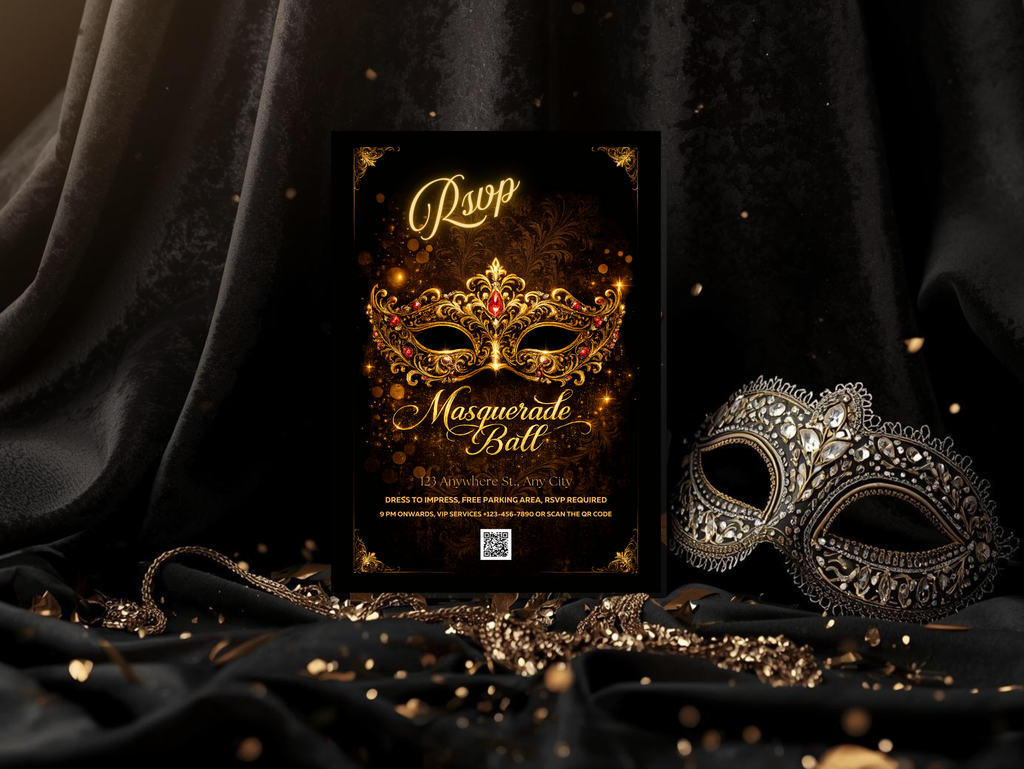 Luxury Masquerade Ball Invitation Template Editable in Canva , Black and Gold Printable & Mobile Party Invite