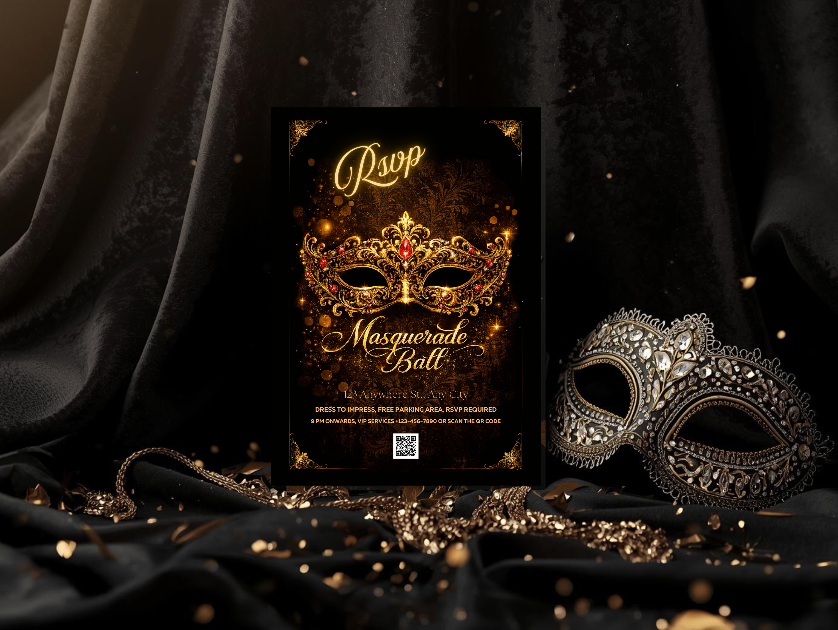 Luxury Masquerade Ball Invitation Template Editable in Canva , Black and Gold Printable & Mobile Party Invite