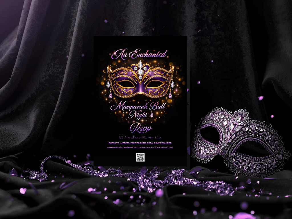 Masquerade Ball Invitation Template, Purple Gold Mask Party Invite, Editable Digital Invitation, Printable 5x7, Mobile & Animated Invite