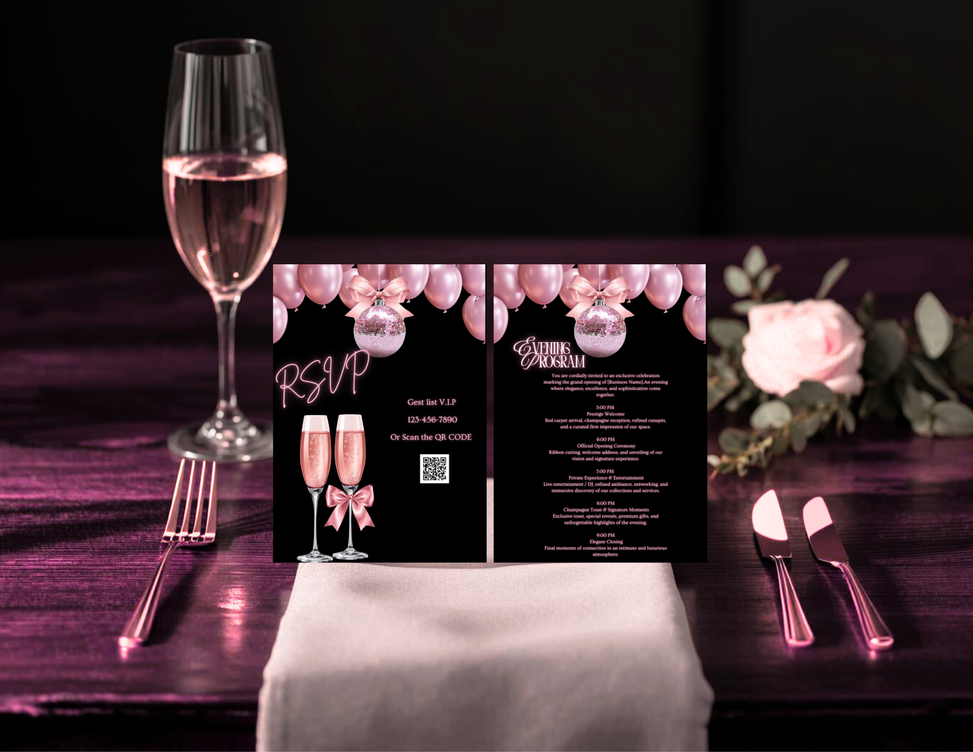 Rose Gold Grand Opening Invitation Template | Editable Canva Business Launch Invite | Evening Program Template | Printable 5x7 + Mobile + Animated