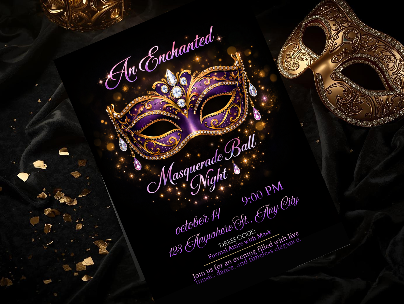 Masquerade Ball Invitation Template, Purple Gold Mask Party Invite, Editable Digital Invitation, Printable 5x7, Mobile & Animated Invite