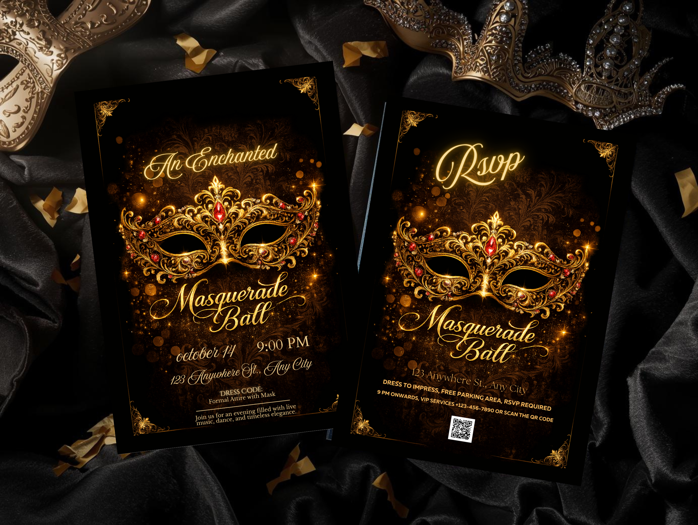 Luxury Masquerade Ball Invitation Template Editable in Canva , Black and Gold Printable & Mobile Party Invite