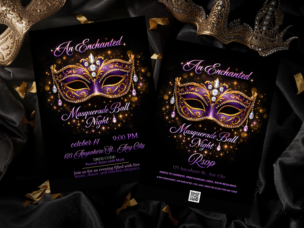 Masquerade Ball Invitation Template, Purple Gold Mask Party Invite, Editable Digital Invitation, Printable 5x7, Mobile & Animated Invite