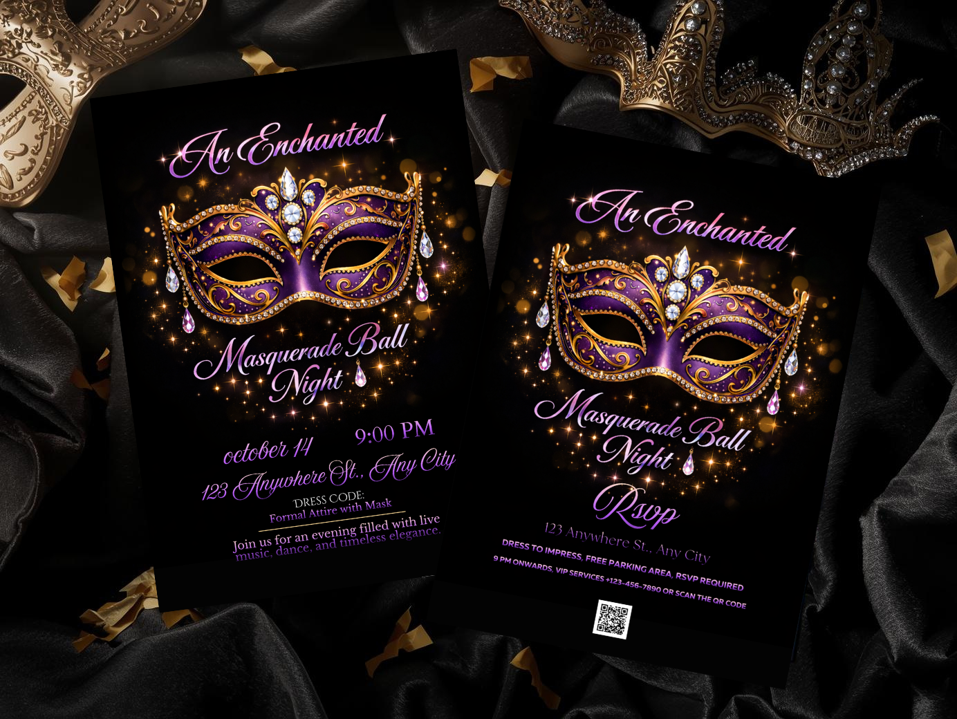 Masquerade Ball Invitation Template, Purple Gold Mask Party Invite, Editable Digital Invitation, Printable 5x7, Mobile & Animated Invite