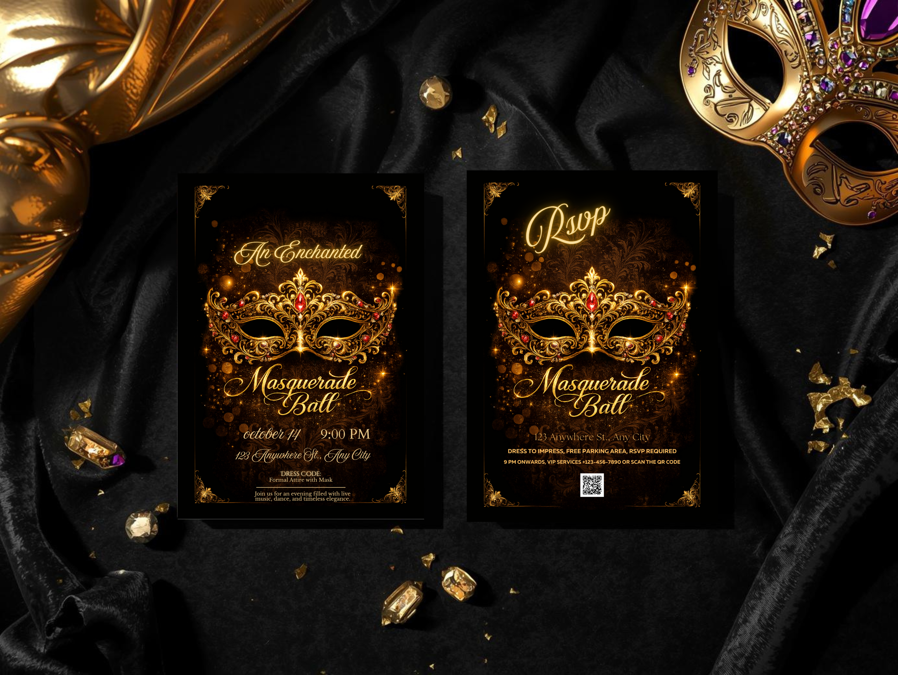 Luxury Masquerade Ball Invitation Template Editable in Canva , Black and Gold Printable & Mobile Party Invite