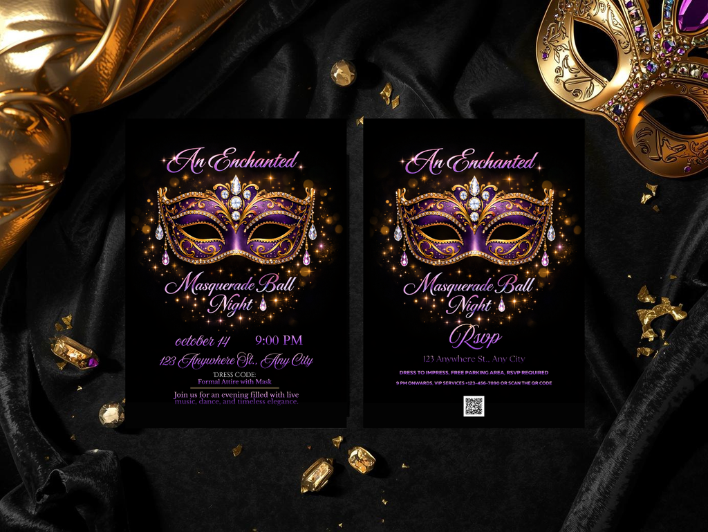 Masquerade Ball Invitation Template, Purple Gold Mask Party Invite, Editable Digital Invitation, Printable 5x7, Mobile & Animated Invite