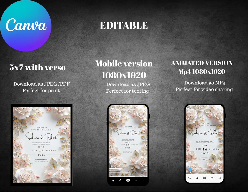 Luxury Blush & Gold Floral Wedding Invitation Template | Editable Canva Wedding Invite | Printable 5x7 + Mobile Version - Conception Design