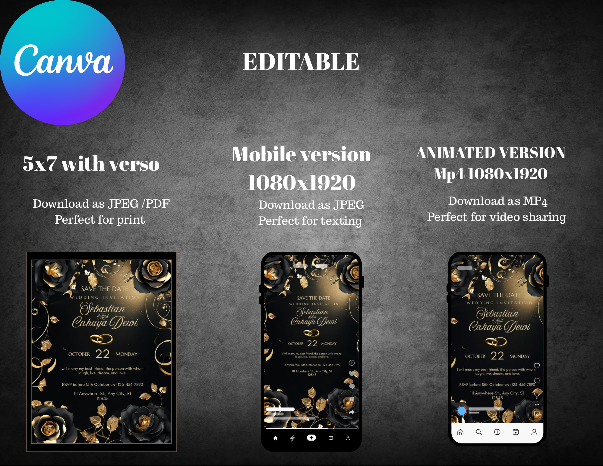 Luxury Black and Gold Wedding Invitation Template, Editable Canva Save the Date, Elegant Floral Digital Invite, Printable & Mobile Version - Conception Design