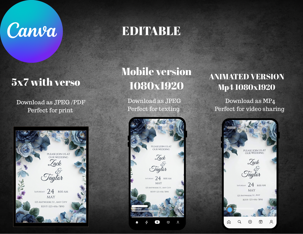 Blue Rose Digital Wedding Invitation – Printable 5x7 + Mobile & Animated 1080x1920 Version
