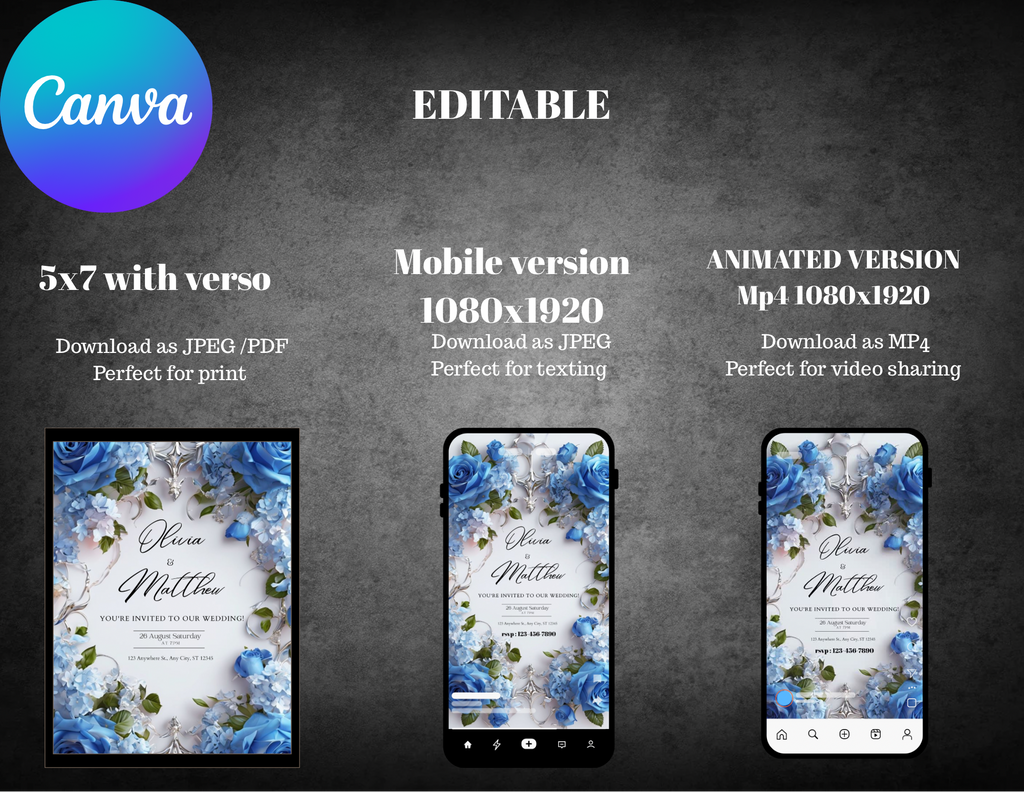 Blue Floral Digital Wedding Invitation | Printable 5x7, Mobile & Animated Invite | Editable Canva Template with RSVP