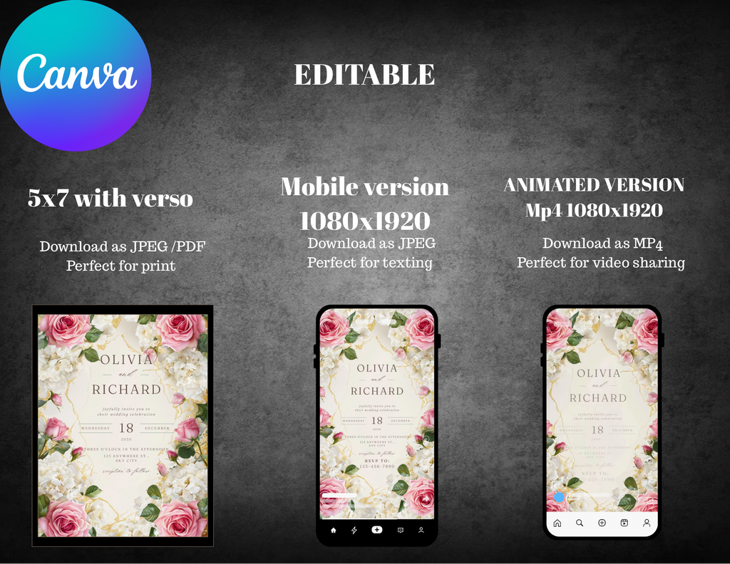 Pink Floral Wedding Invitation Template, Editable Canva Wedding Invite, Romantic Rose & Hydrangea Printable Invitation, Digital Download - Conception Design