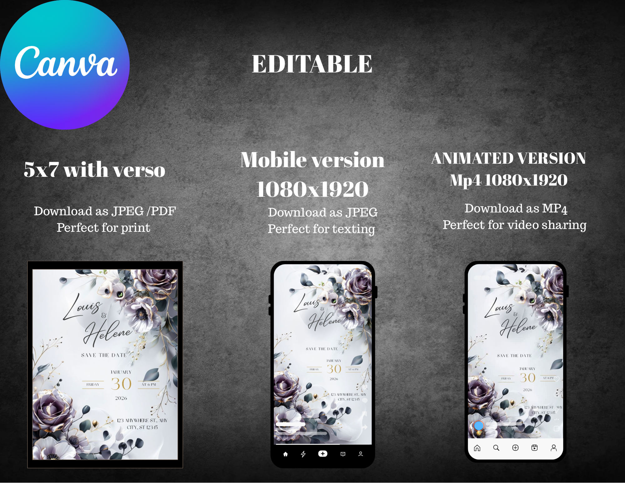 Lavender Floral Wedding Invitation Template, Editable Canva Save the Date, Elegant Purple Wedding Invite, Printable & Mobile Digital Download - Conception Design