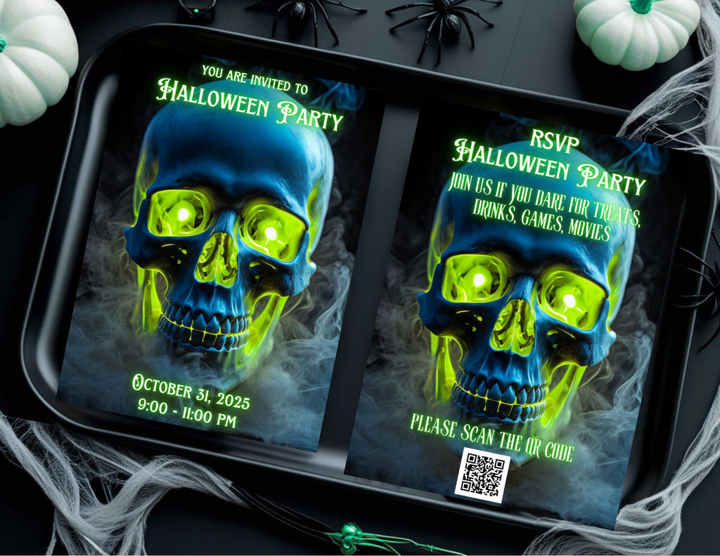 Neon Skull Halloween Party Invitation, Editable Canva Template, Printable Mobile Halloween Invite