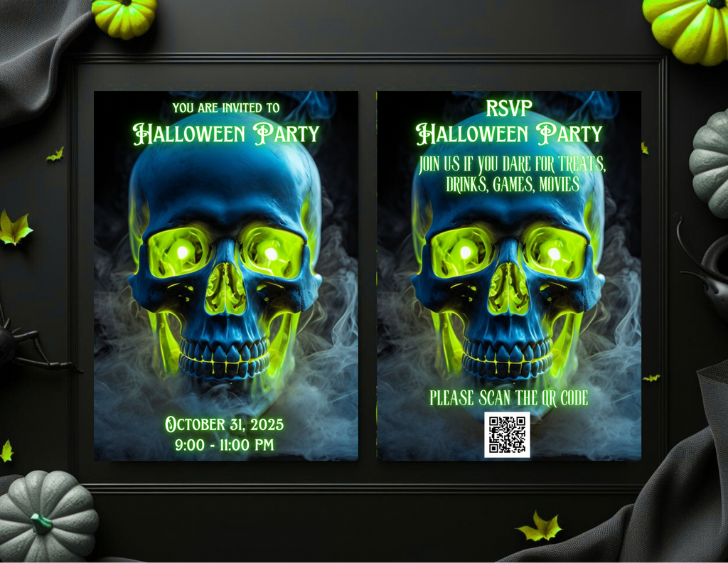 Neon Skull Halloween Party Invitation, Editable Canva Template, Printable Mobile Halloween Invite