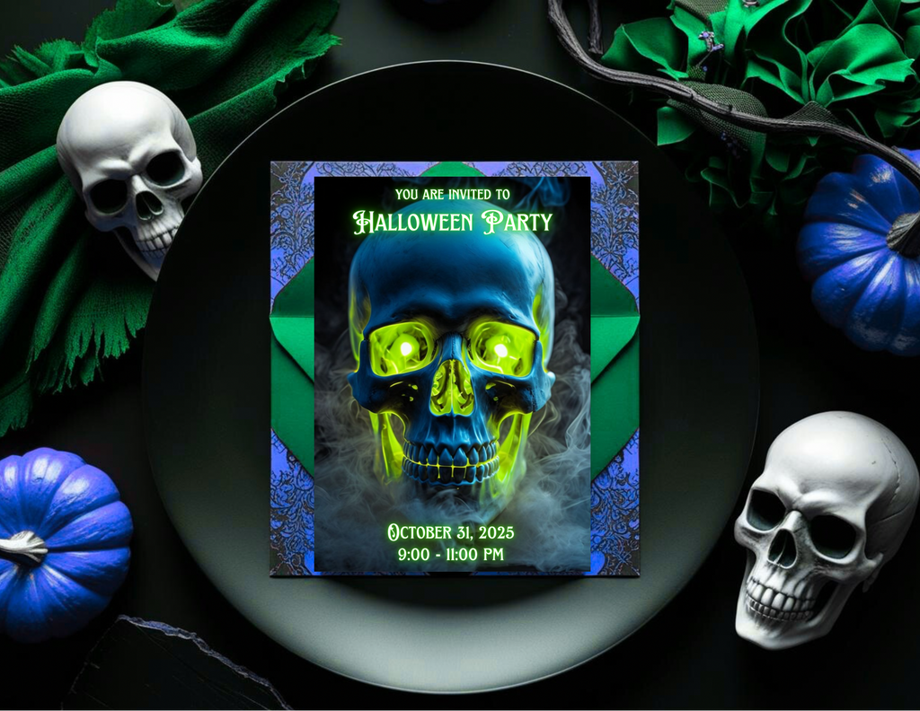 Neon Skull Halloween Party Invitation, Editable Canva Template, Printable Mobile Halloween Invite
