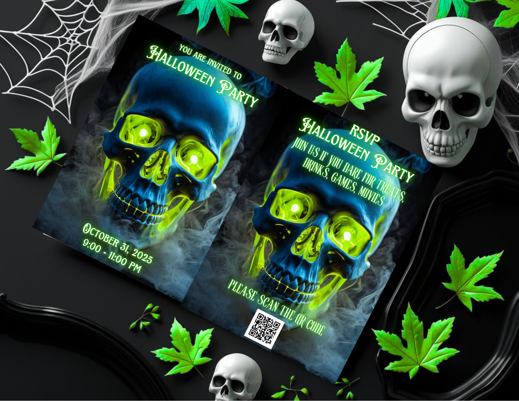 Neon Skull Halloween Party Invitation, Editable Canva Template, Printable Mobile Halloween Invite