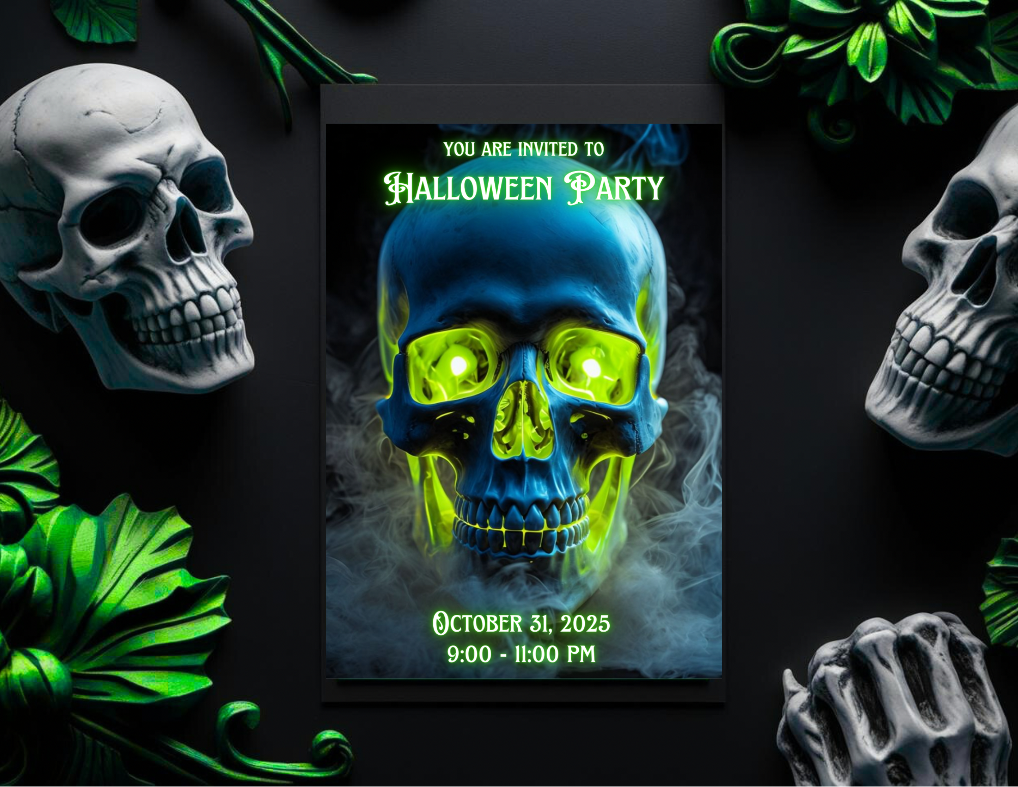 Neon Skull Halloween Party Invitation, Editable Canva Template, Printable Mobile Halloween Invite