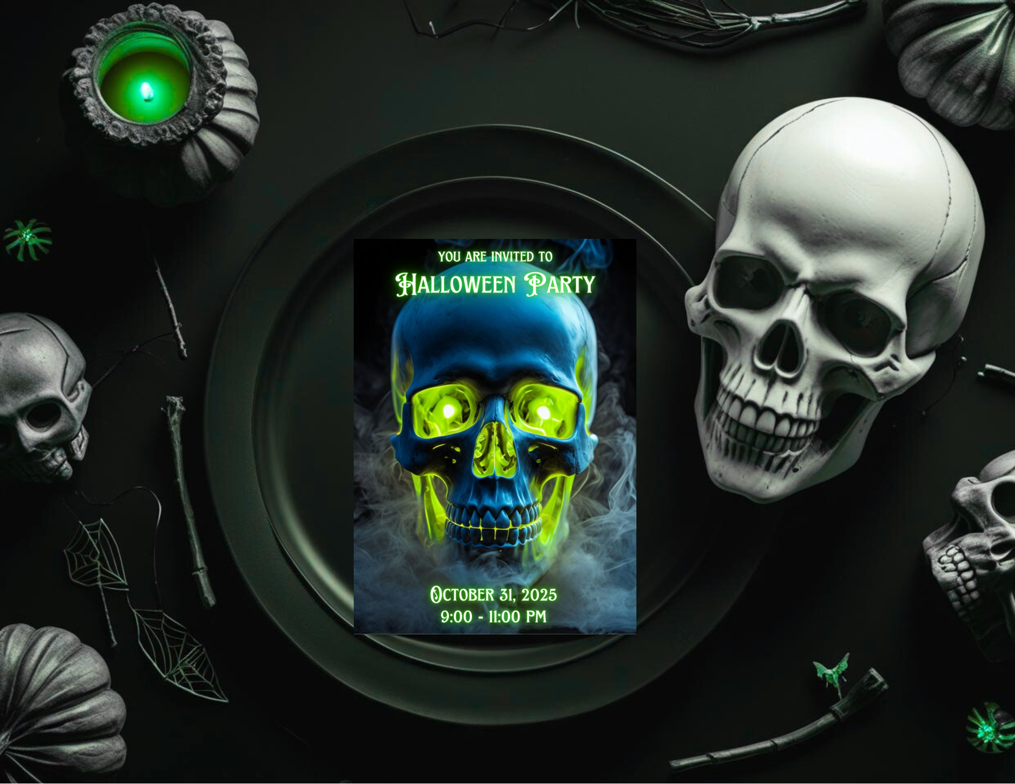 Neon Skull Halloween Party Invitation, Editable Canva Template, Printable Mobile Halloween Invite