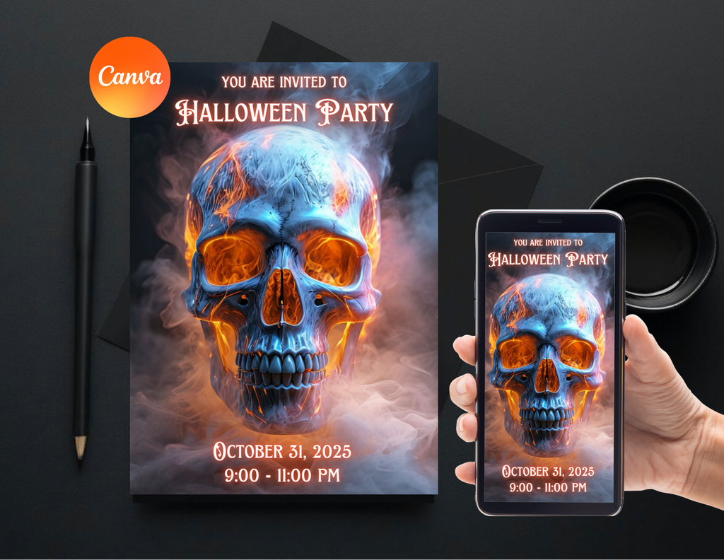 Fiery Skull Halloween Party Invitation Editable Canva Template