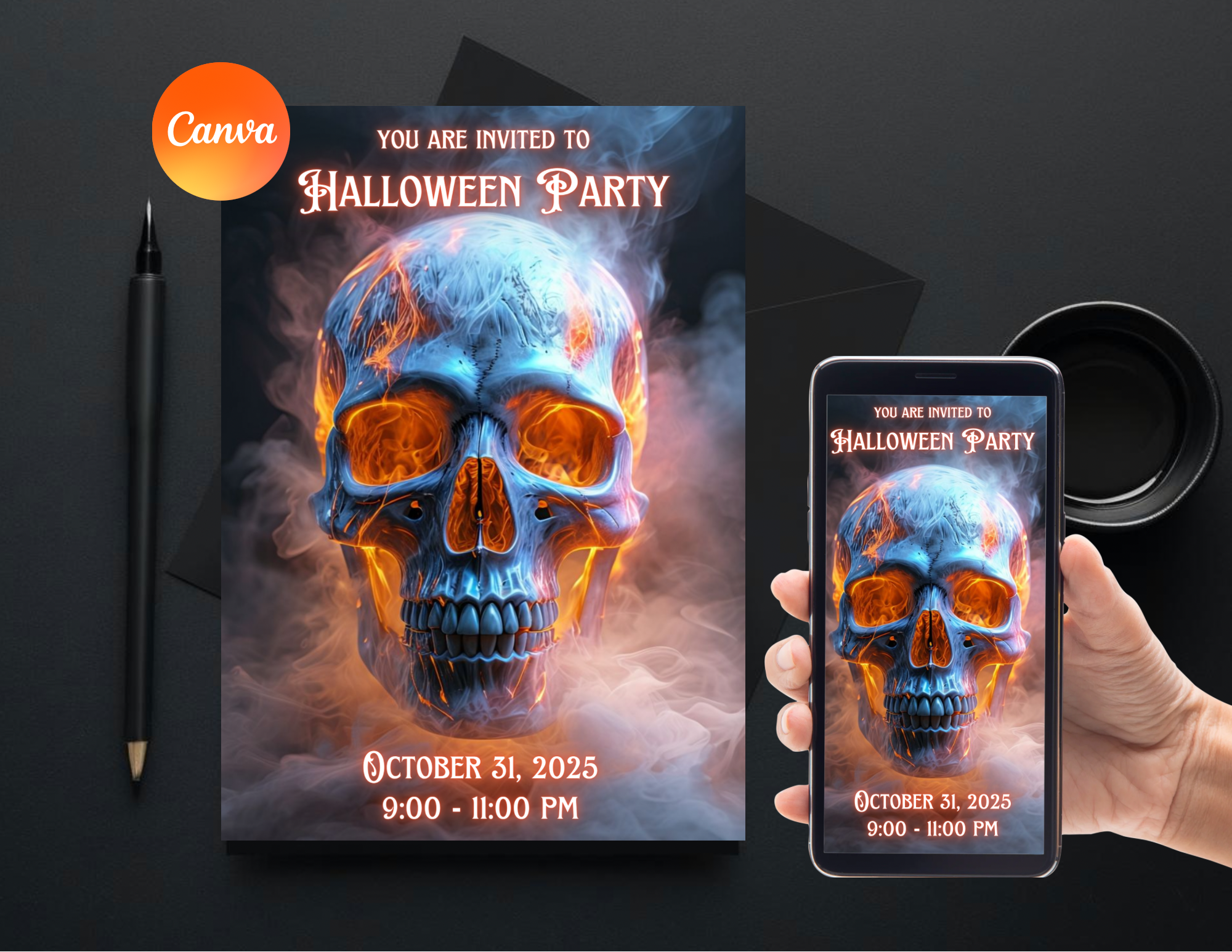 Fiery Skull Halloween Party Invitation Editable Canva Template