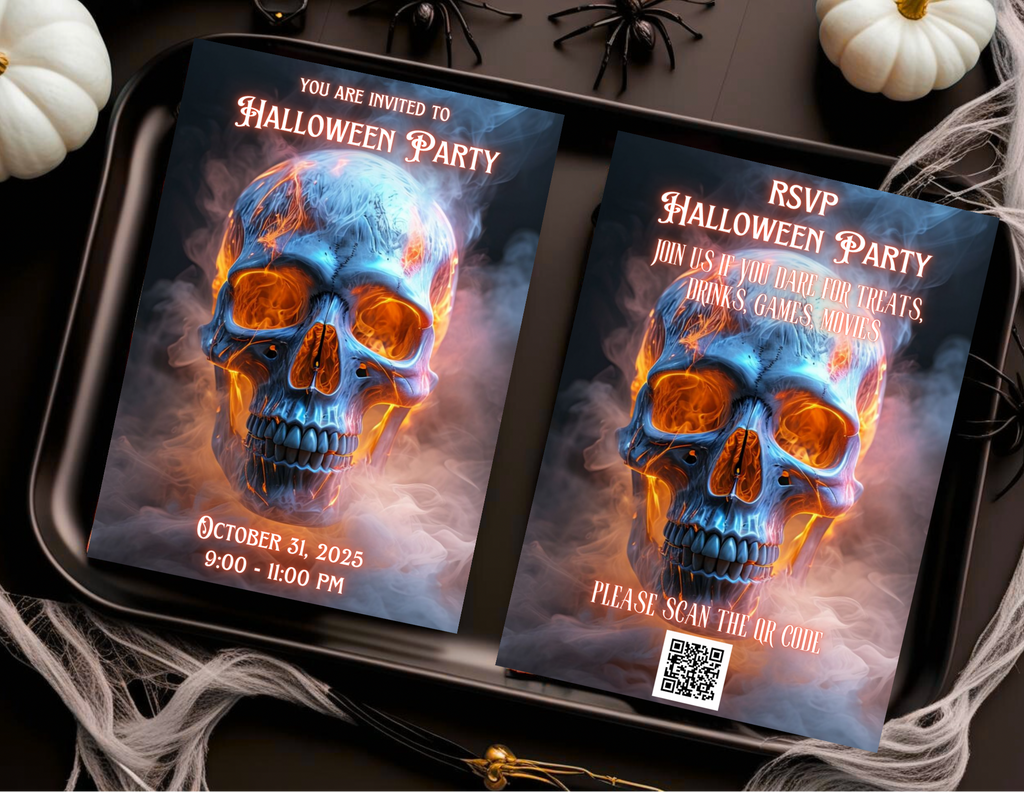 Fiery Skull Halloween Party Invitation Editable Canva Template