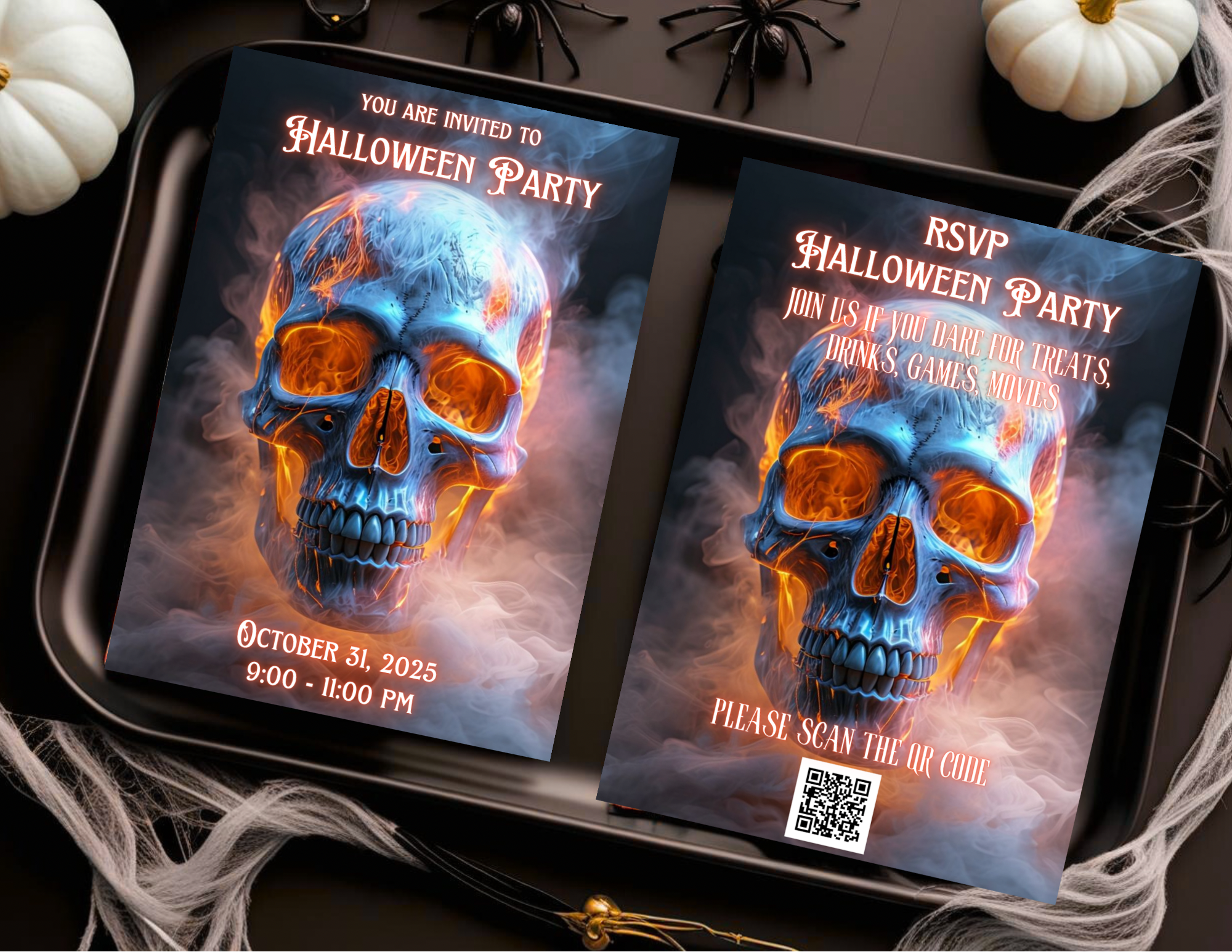 Fiery Skull Halloween Party Invitation Editable Canva Template