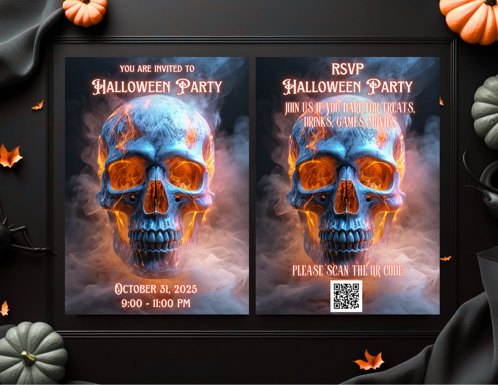 Fiery Skull Halloween Party Invitation Editable Canva Template