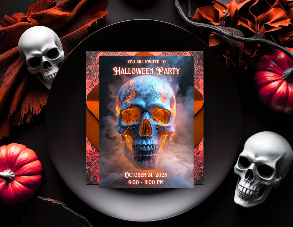 Fiery Skull Halloween Party Invitation Editable Canva Template