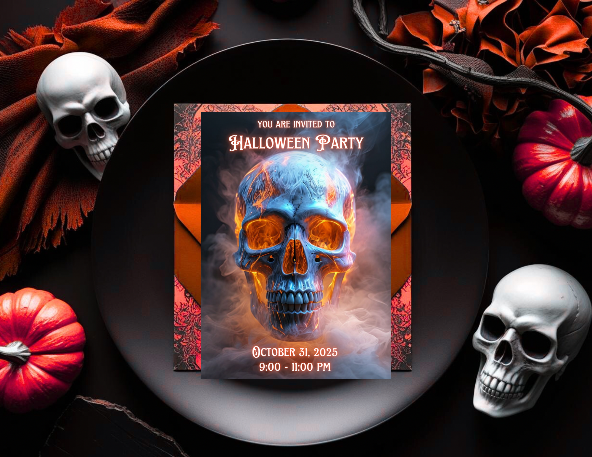 Fiery Skull Halloween Party Invitation Editable Canva Template