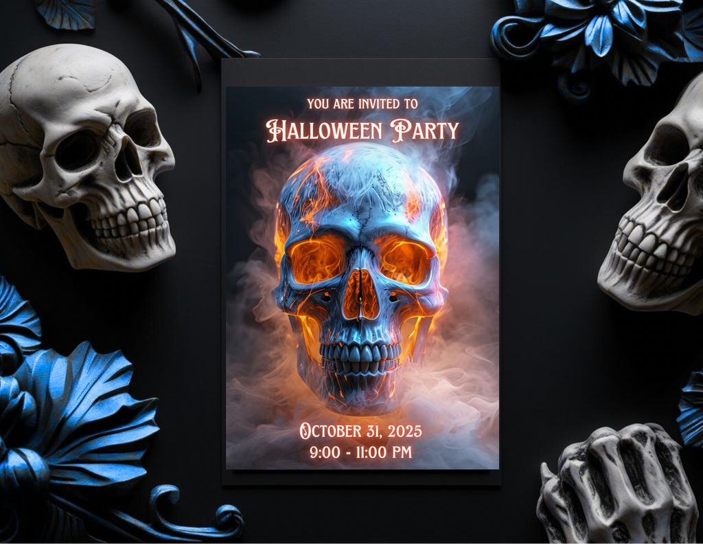 Fiery Skull Halloween Party Invitation Editable Canva Template