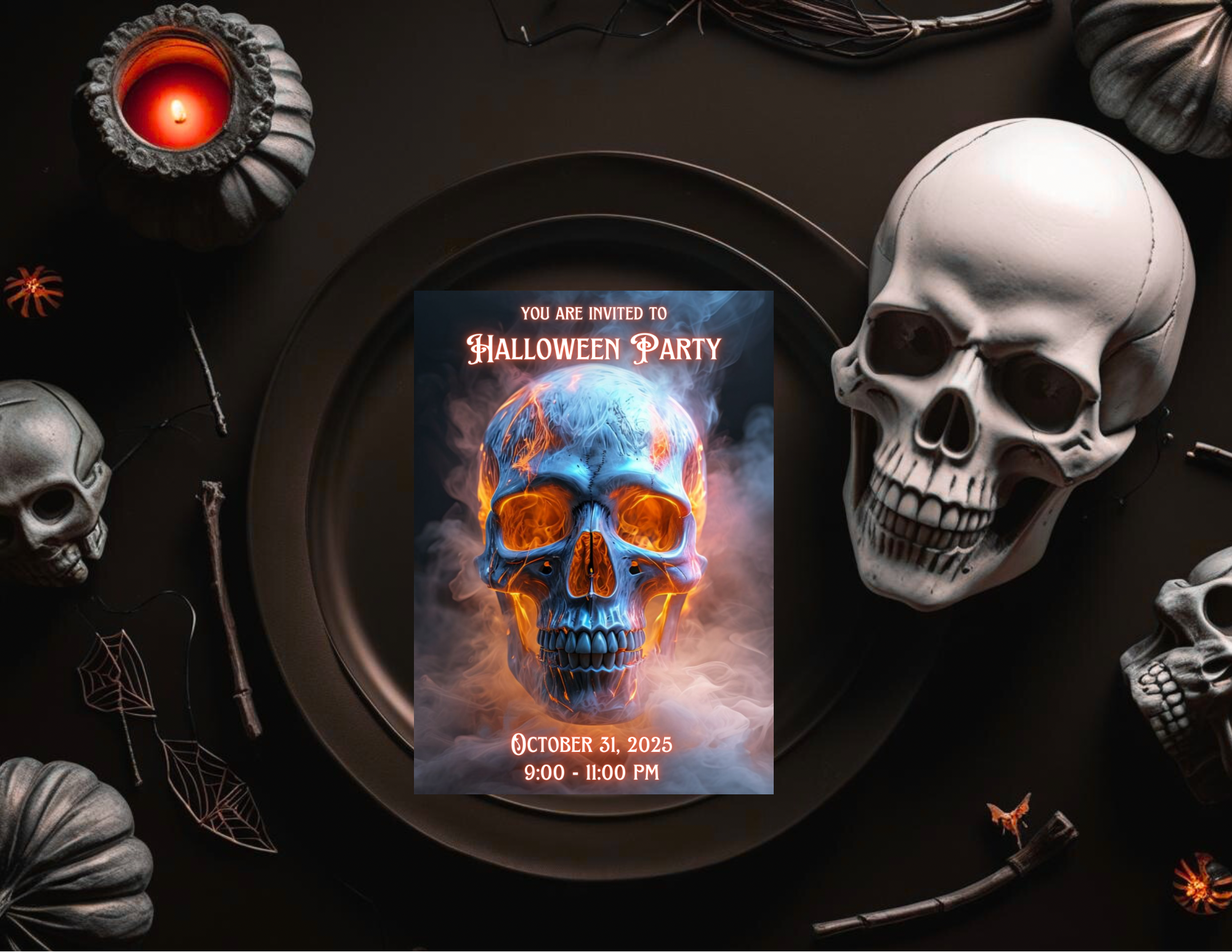 Fiery Skull Halloween Party Invitation Editable Canva Template