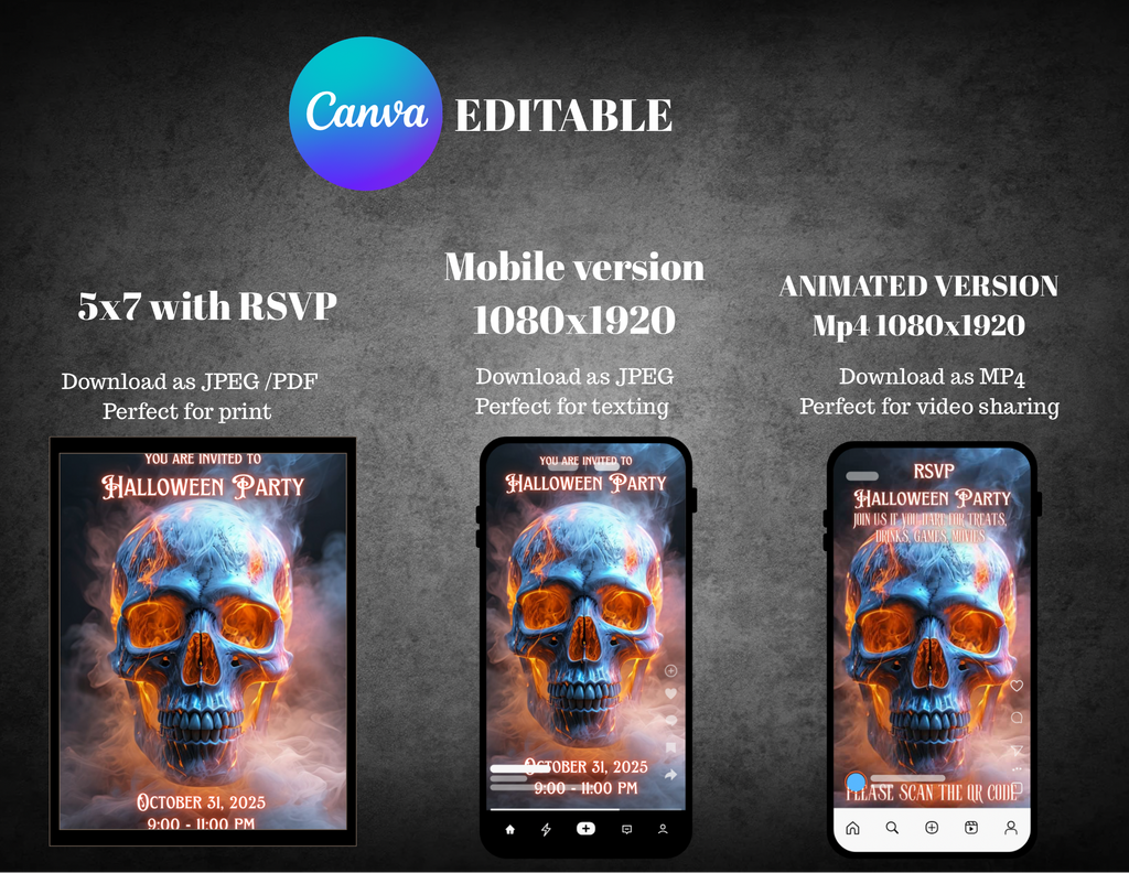 Fiery Skull Halloween Party Invitation Editable Canva Template