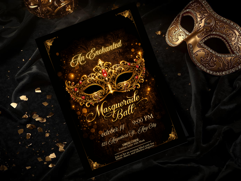 Masquerade ball invitation with gold mask design on dark fabric background
