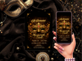 Masquerade ball invitation with gold mask design, held by a hand with a phone displaying the same design.