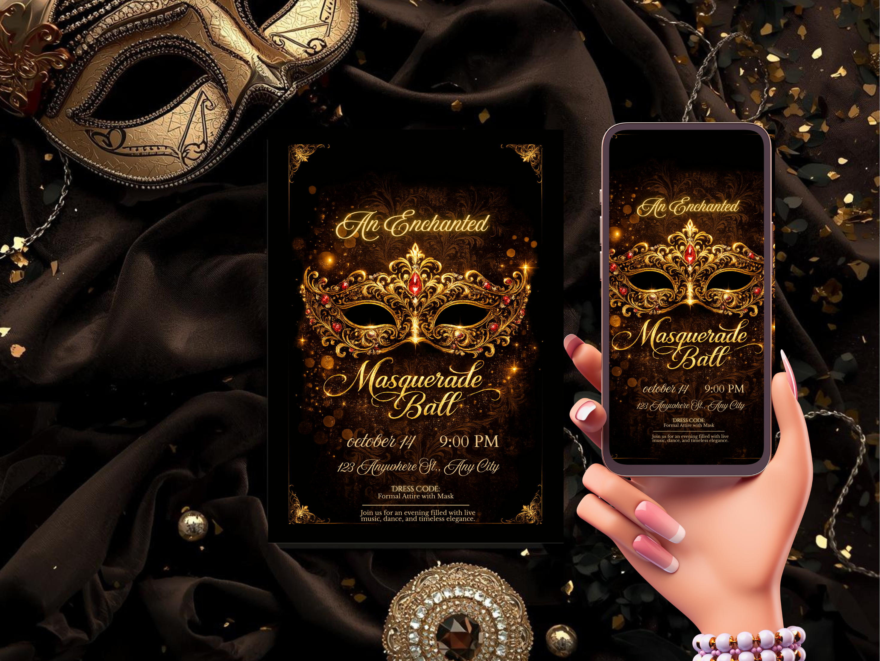 Masquerade ball invitation with gold mask design, held by a hand with a phone displaying the same design.