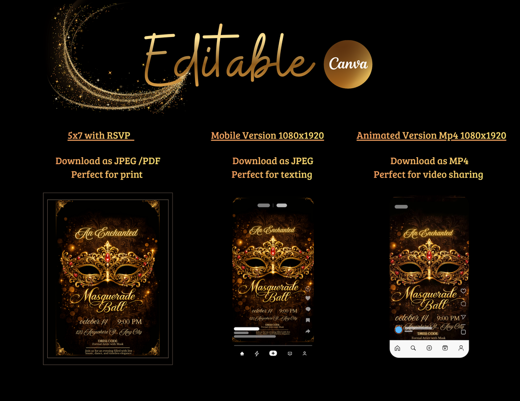 Luxury Masquerade Ball Invitation Template Editable in Canva , Black and Gold Printable & Mobile Party Invite