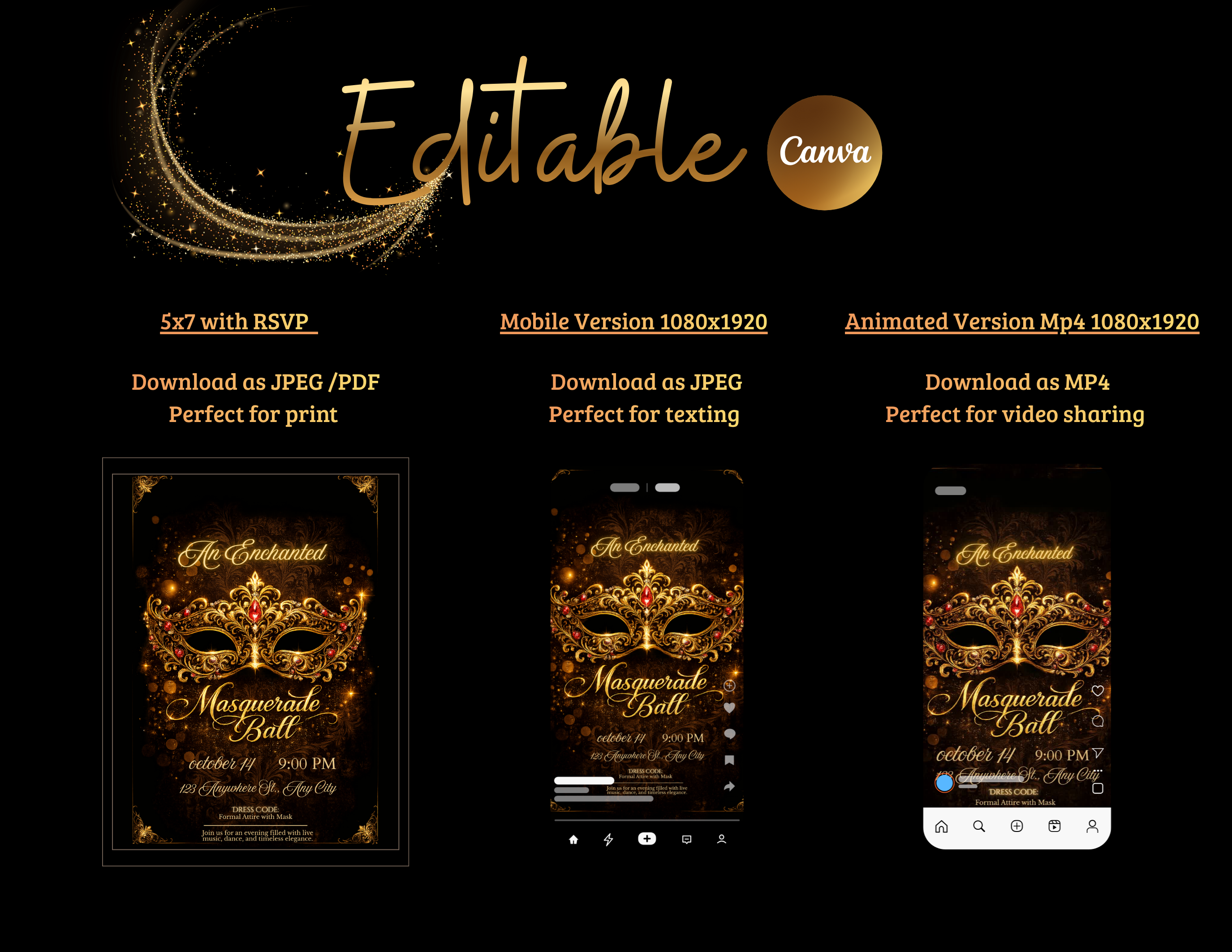 Luxury Masquerade Ball Invitation Template Editable in Canva , Black and Gold Printable & Mobile Party Invite
