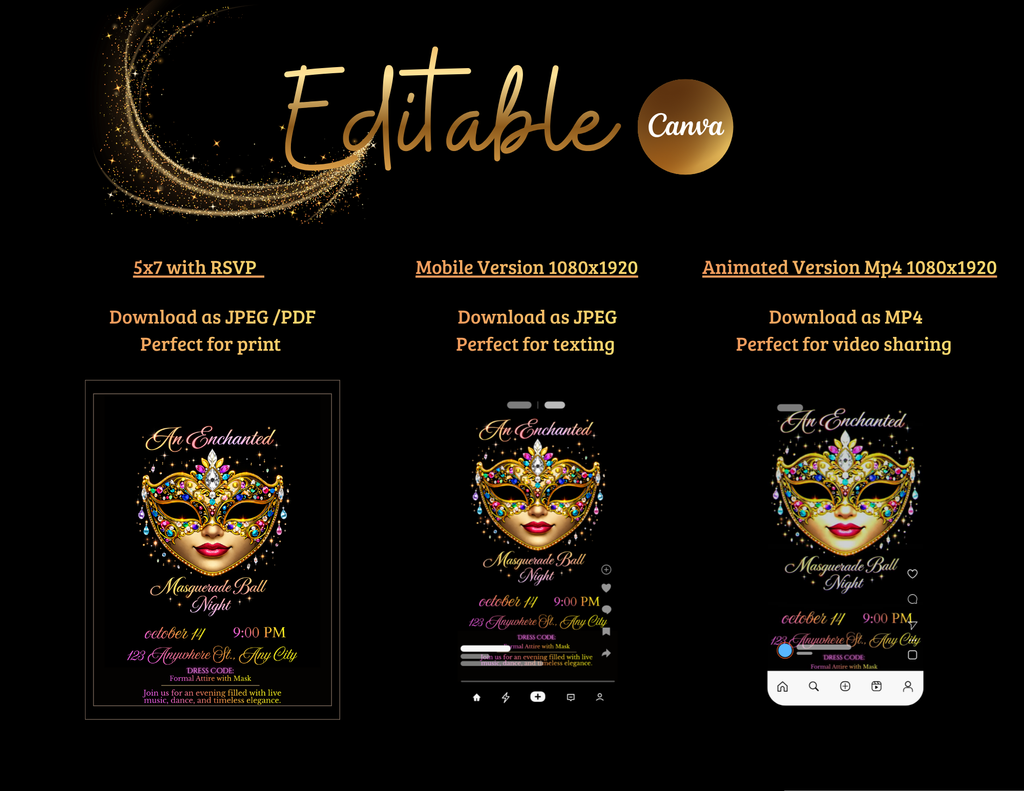 Masquerade Ball Invitation Template, Editable Canva Invitation, Digital Masquerade Party Invite, Mobile Animated Invitation